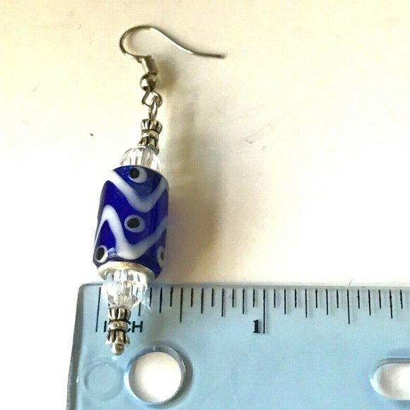 Silver Murano Art Glass Bead Earrings Blue White Cylinder Beads Dangle Plated - Picture 8 of 8